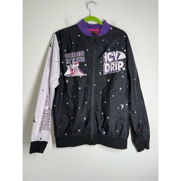Jewel House Coldest in Town Embellished Black Purple Bomber Jacket Sz M See Note - Picture 1 of 12